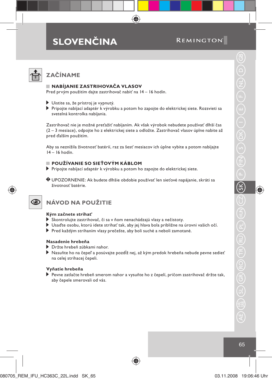 Slovenčina | Remington HC363C User Manual | Page 67 / 134