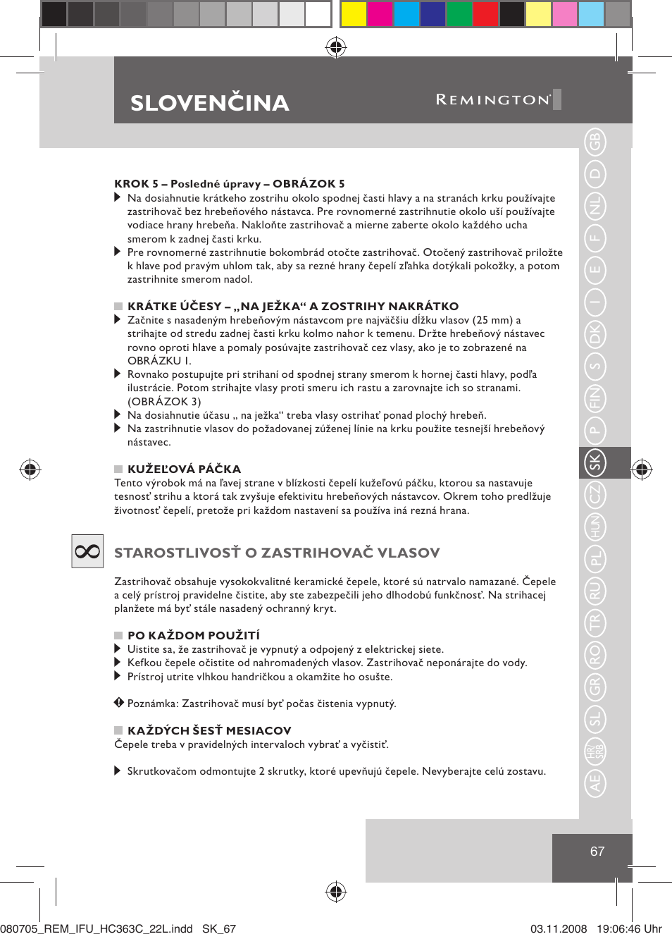 Slovenčina | Remington HC363C User Manual | Page 69 / 134