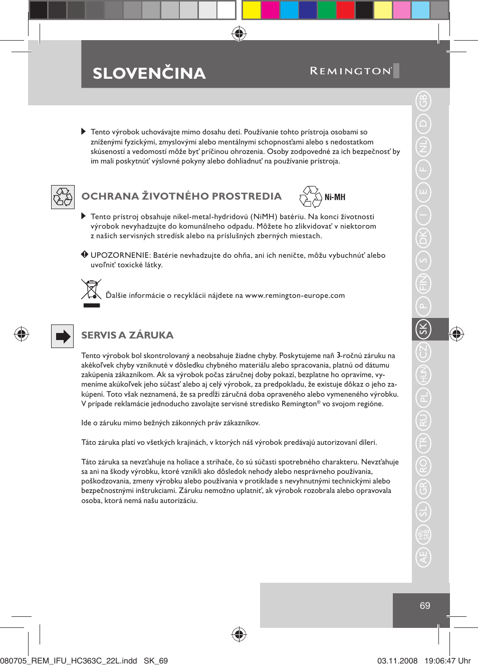 Slovenčina | Remington HC363C User Manual | Page 71 / 134