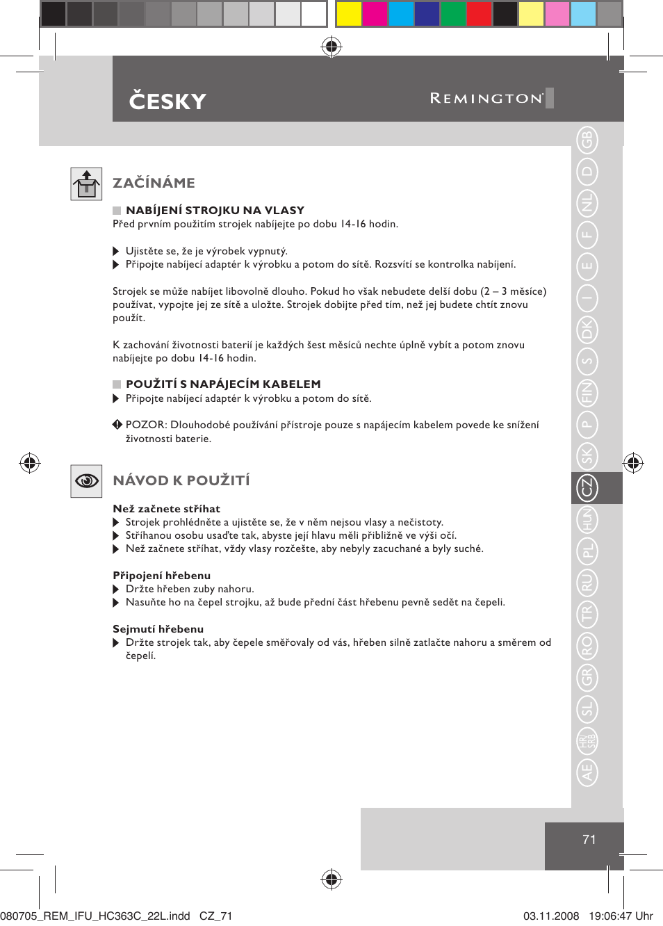 Česky | Remington HC363C User Manual | Page 73 / 134