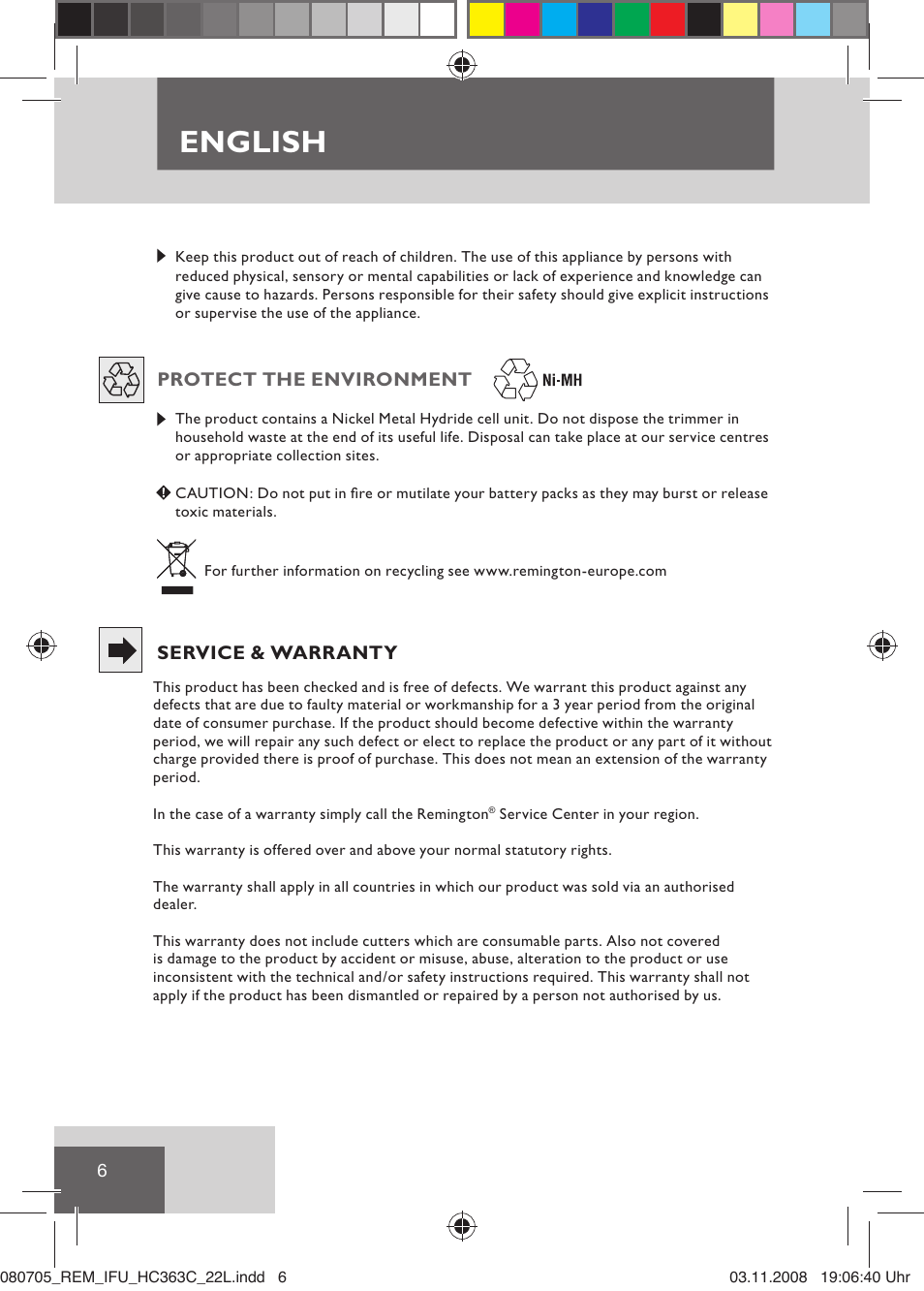 English | Remington HC363C User Manual | Page 8 / 134