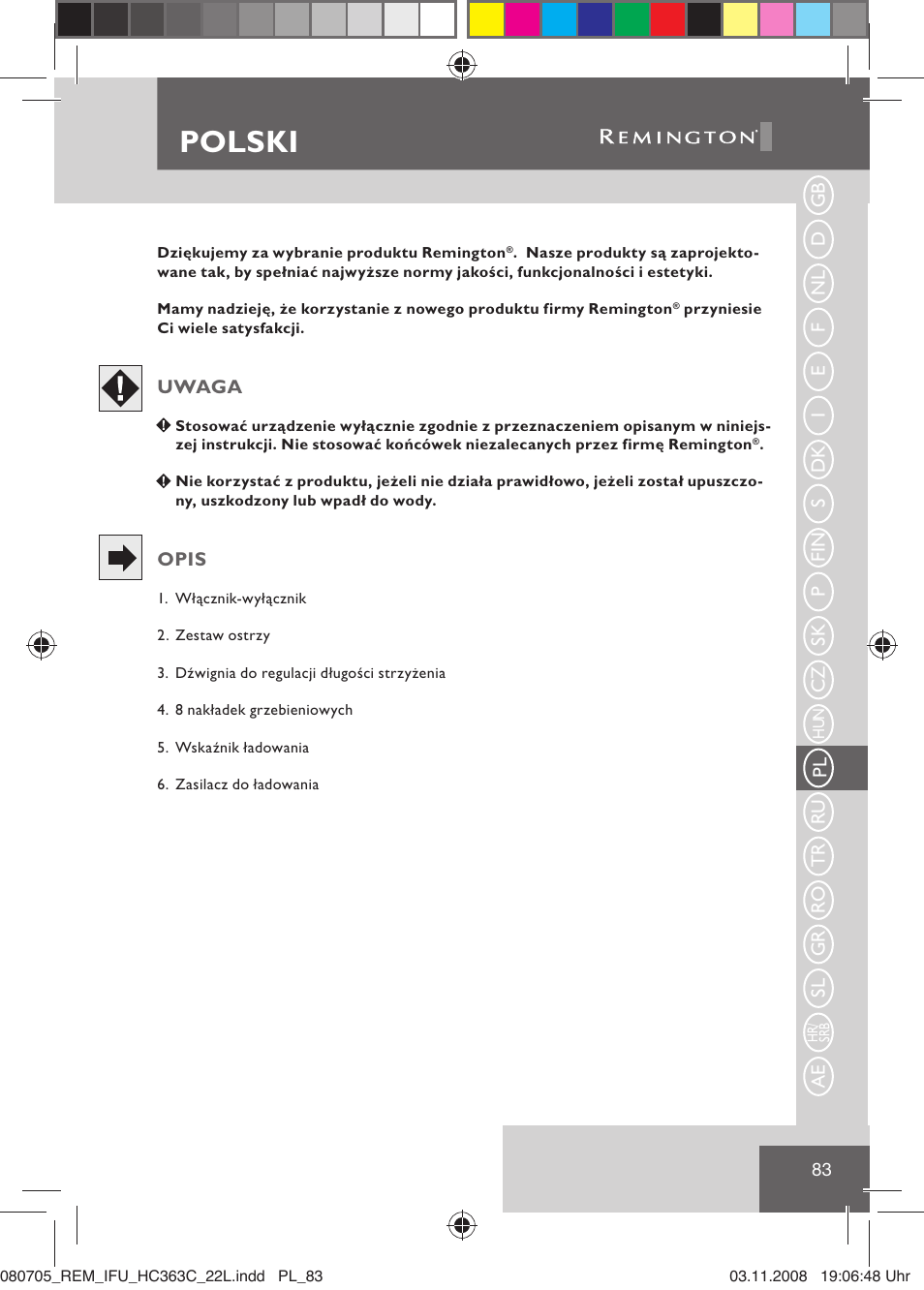 Polski | Remington HC363C User Manual | Page 85 / 134