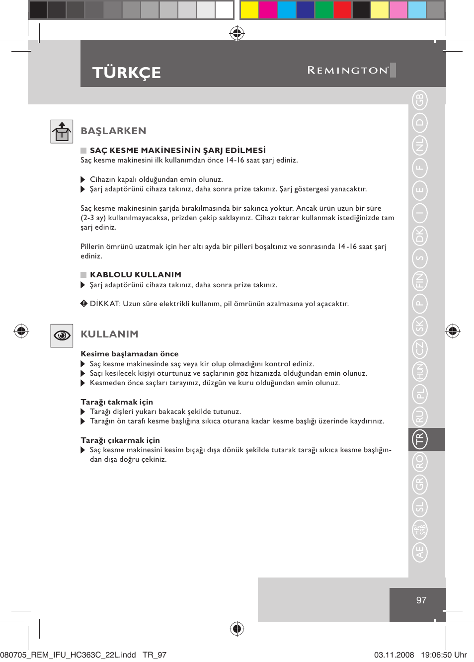 Türkçe | Remington HC363C User Manual | Page 99 / 134