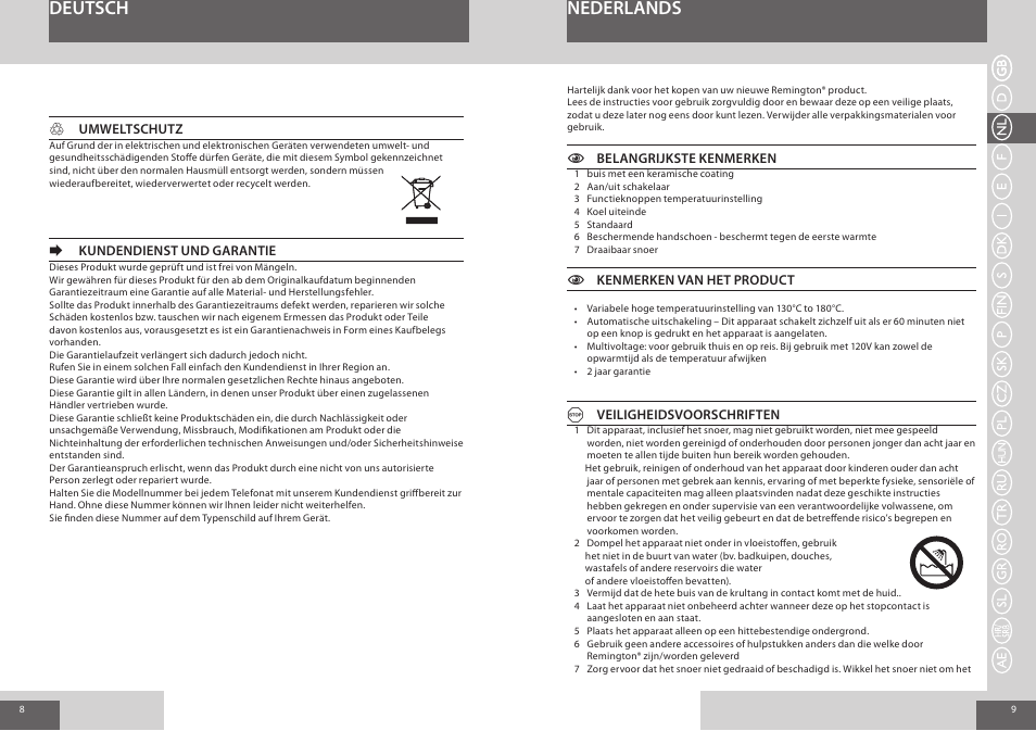 Nederlands deutsch | Remington CI56W0 User Manual | Page 5 / 36
