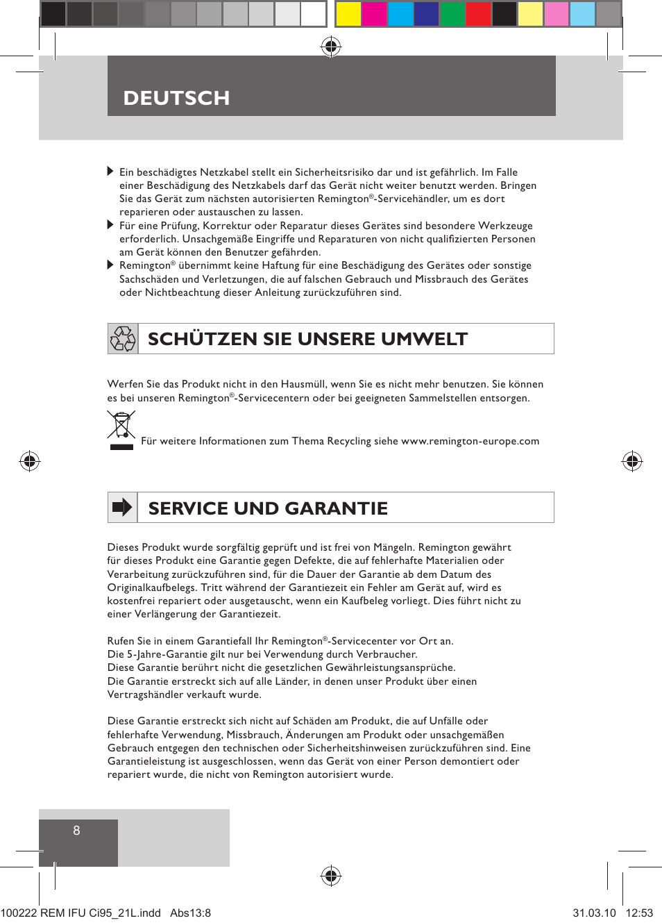 Deutsch, Schützen sie unsere umwelt, Service und garantie | Remington Ci95 User Manual | Page 10 / 83
