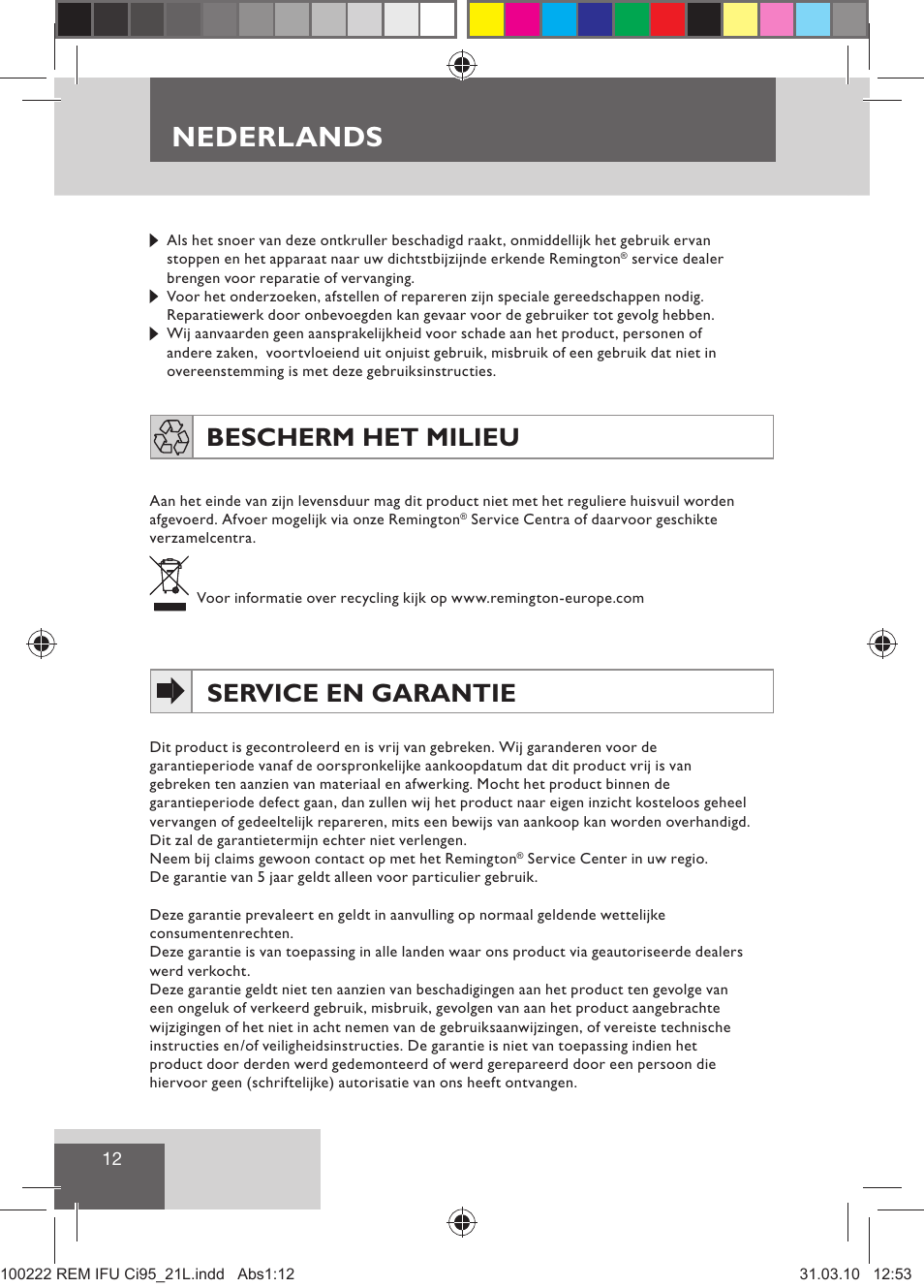 Nederlands, Bescherm het milieu, Service en garantie | Remington Ci95 User Manual | Page 14 / 83
