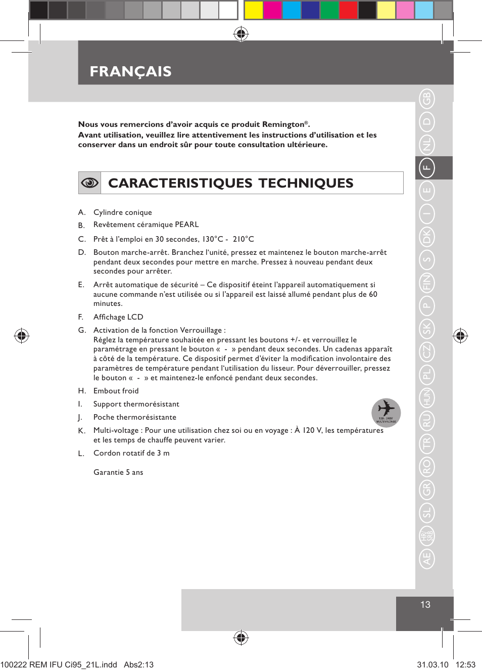 Français, Caracteristiques techniques | Remington Ci95 User Manual | Page 15 / 83
