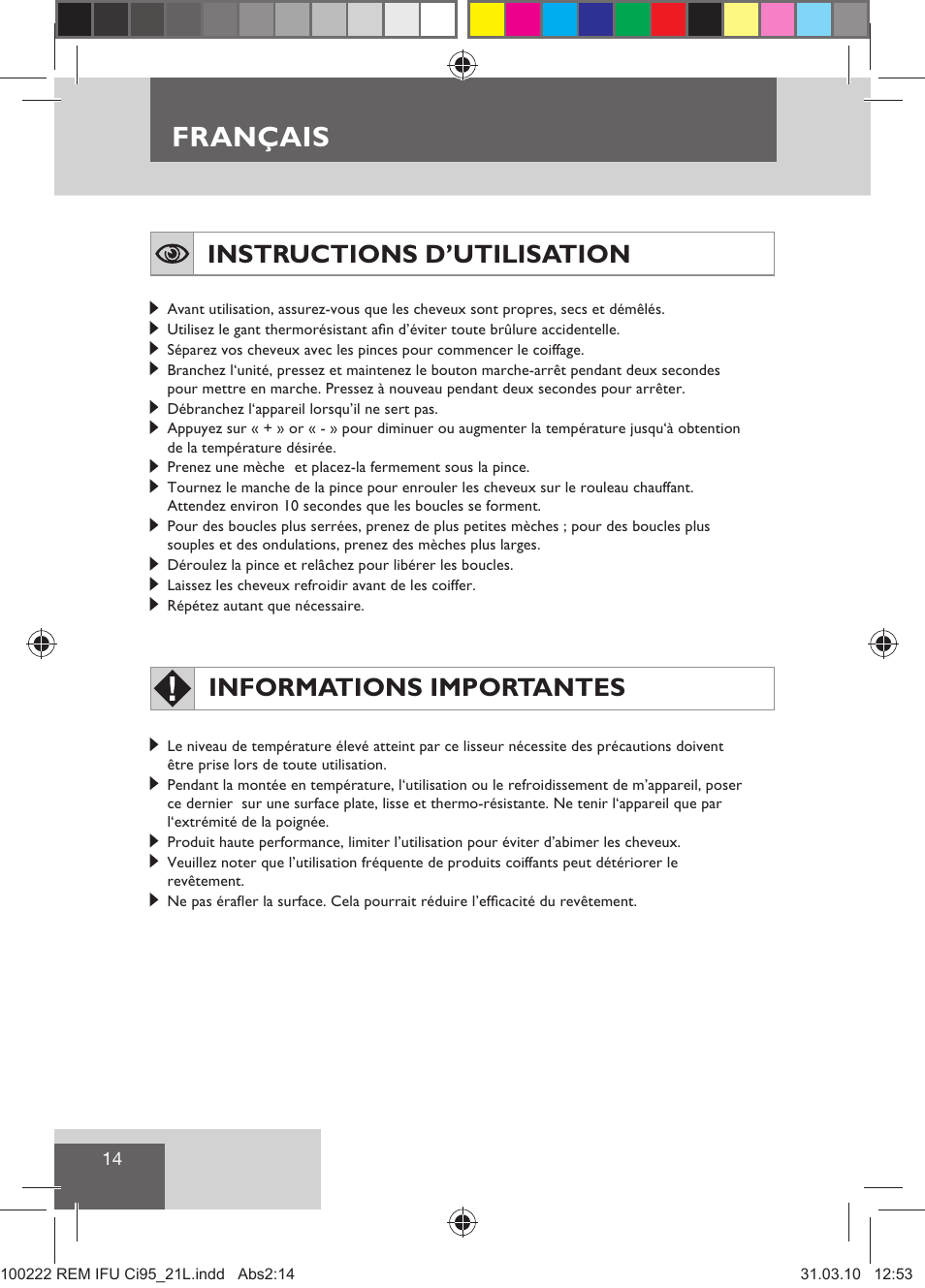 Français, Instructions d’utilisation, Informations importantes | Remington Ci95 User Manual | Page 16 / 83