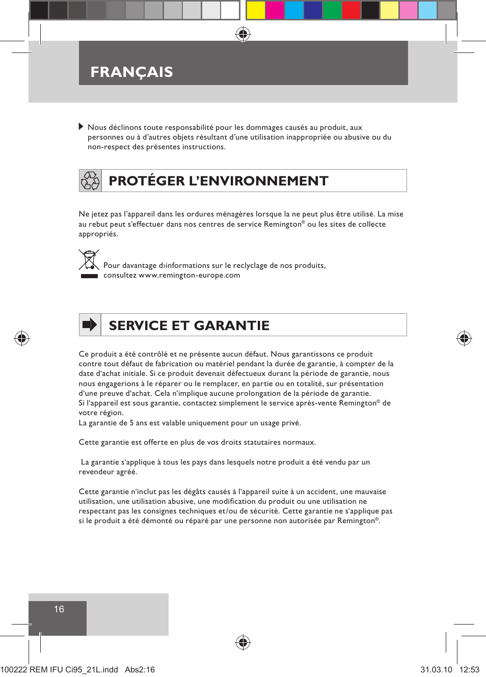 Français, Protéger l’environnement, Service et garantie | Remington Ci95 User Manual | Page 18 / 83