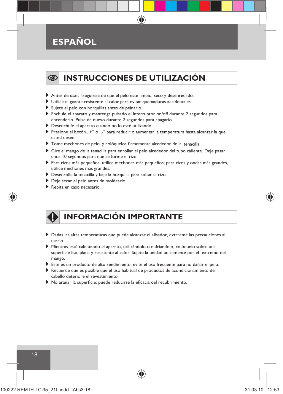 Español, Instrucciones de utilización, Información importante | Remington Ci95 User Manual | Page 20 / 83