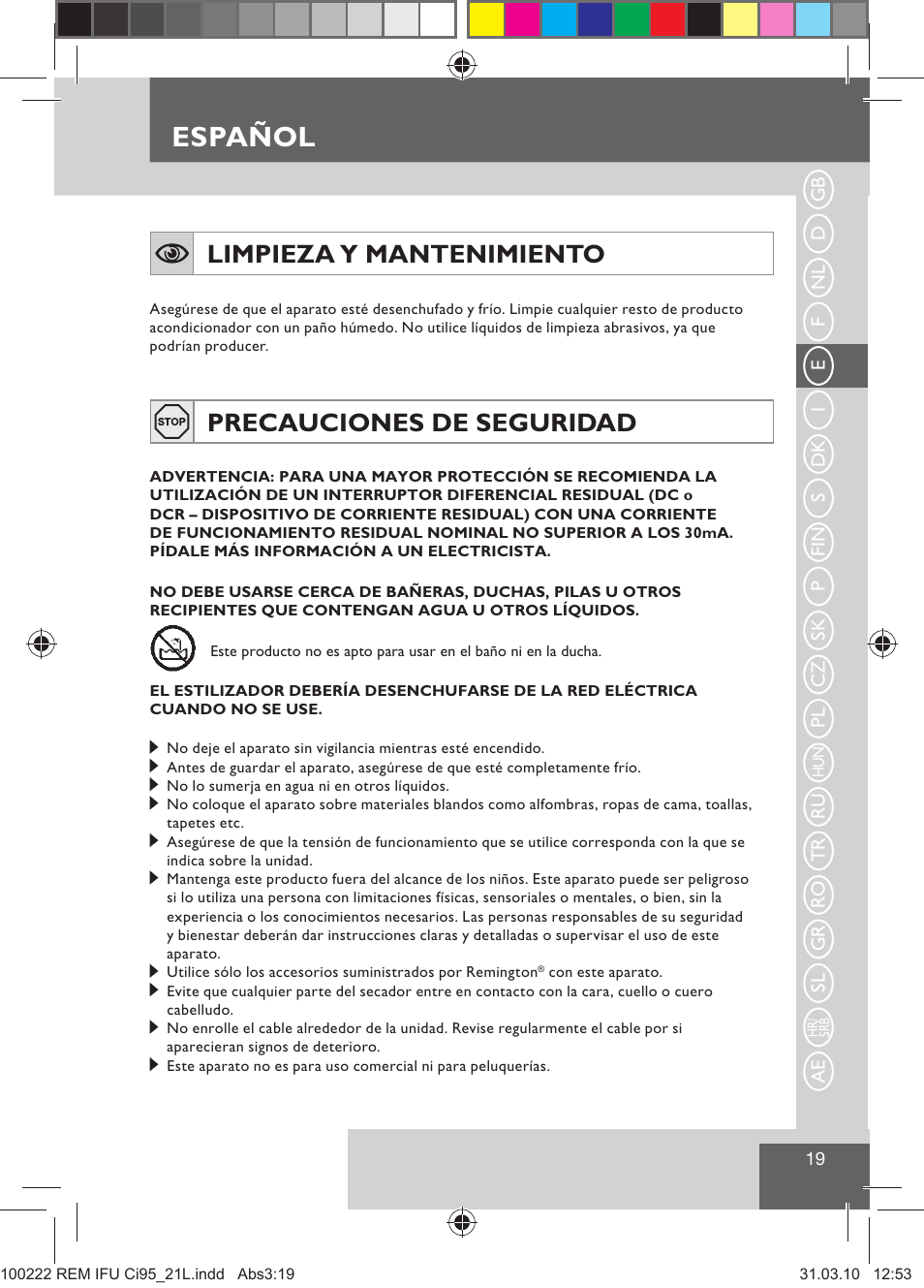 Español, Limpieza y mantenimiento, Precauciones de seguridad | Remington Ci95 User Manual | Page 21 / 83