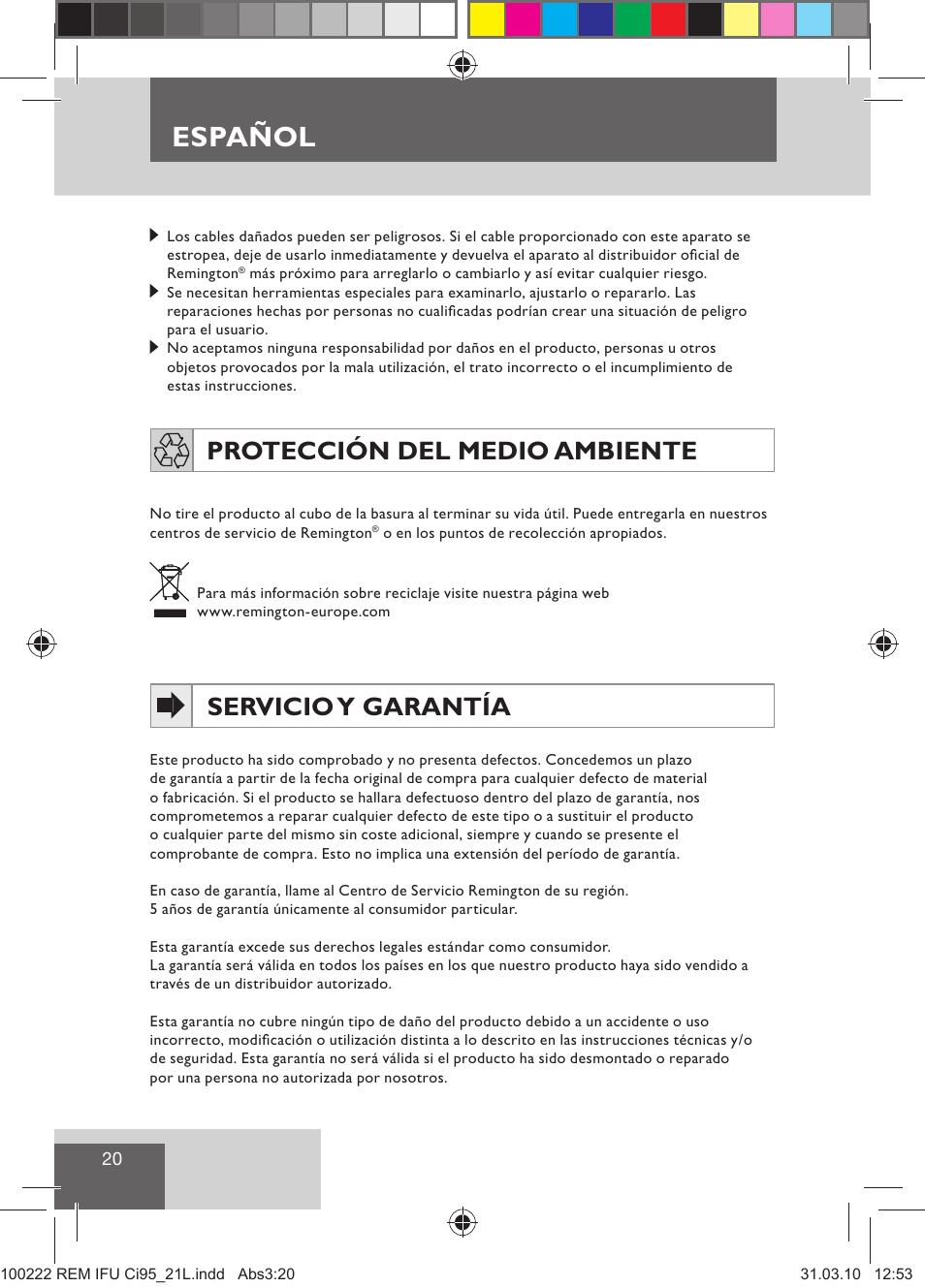 Español, Protección del medio ambiente, Servicio y garantía | Remington Ci95 User Manual | Page 22 / 83