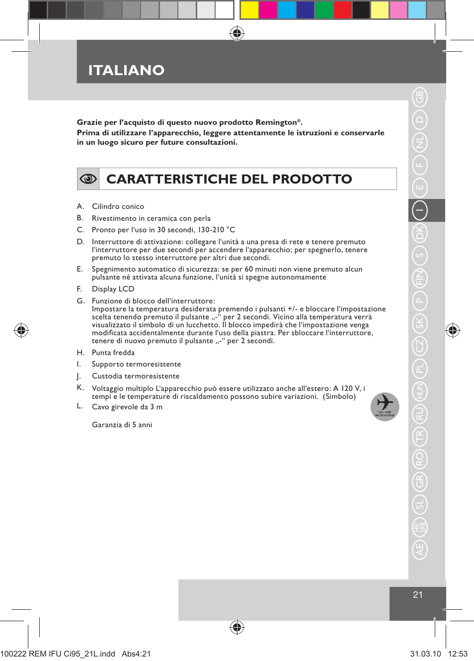 Italiano, Caratteristiche del prodotto | Remington Ci95 User Manual | Page 23 / 83