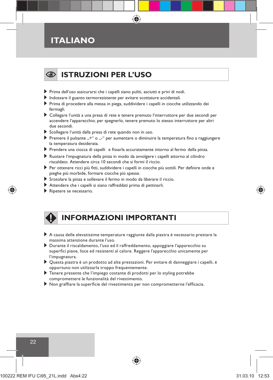 Italiano, Istruzioni per l’uso, Informazioni importanti | Remington Ci95 User Manual | Page 24 / 83