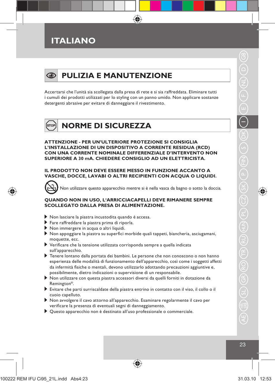 Italiano, Pulizia e manutenzione, Norme di sicurezza | Remington Ci95 User Manual | Page 25 / 83