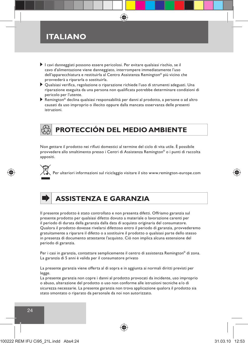 Italiano, Protección del medio ambiente, Assistenza e garanzia | Remington Ci95 User Manual | Page 26 / 83