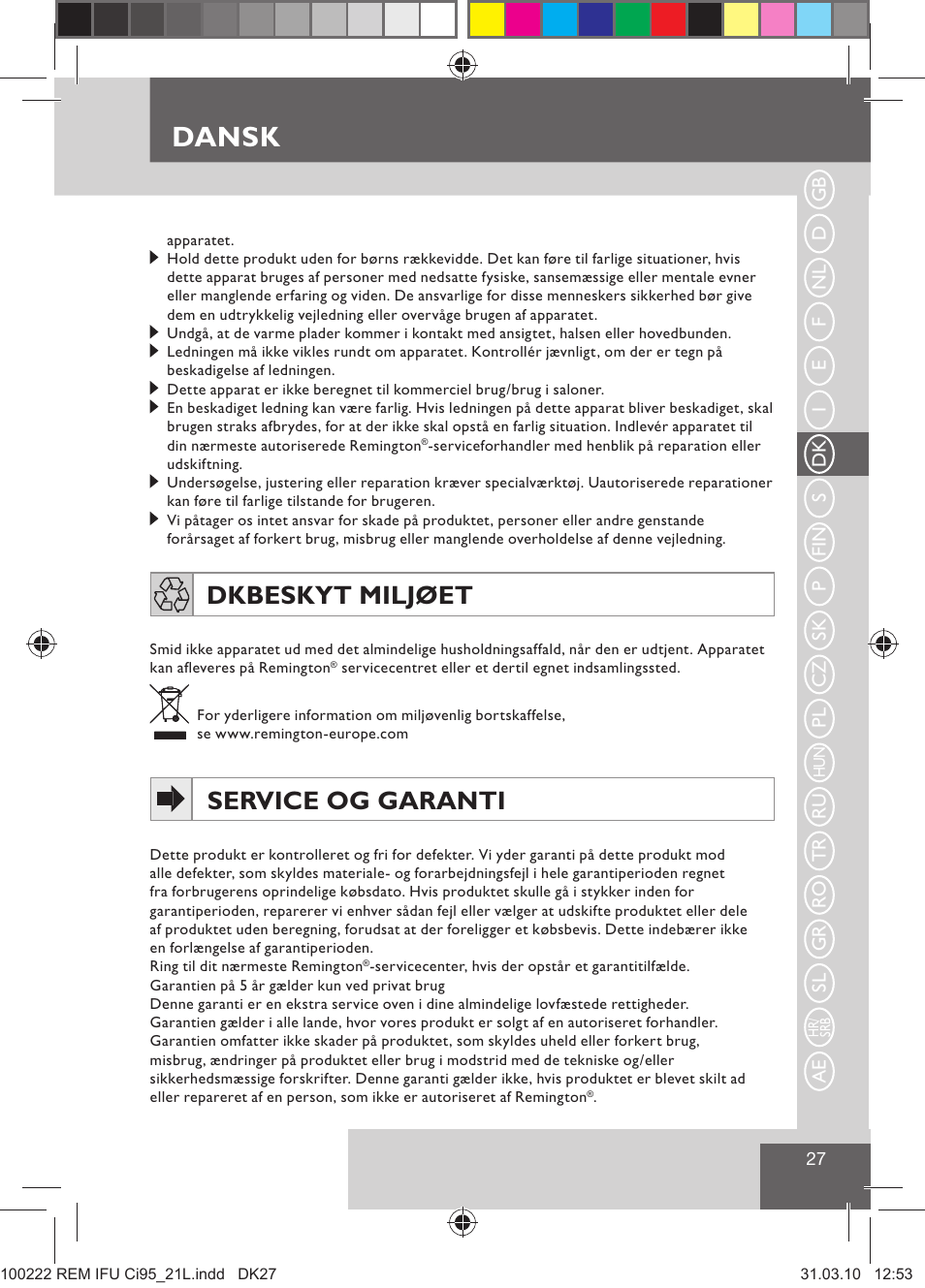 Dansk, Dk beskyt miljøet, Service og garanti | Remington Ci95 User Manual | Page 29 / 83