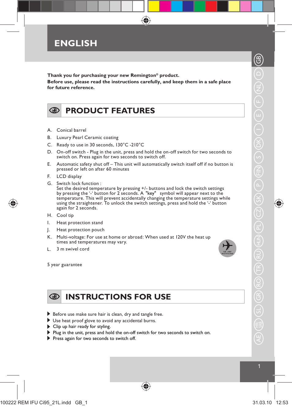 English, Product features, Instructions for use | Remington Ci95 User Manual | Page 3 / 83