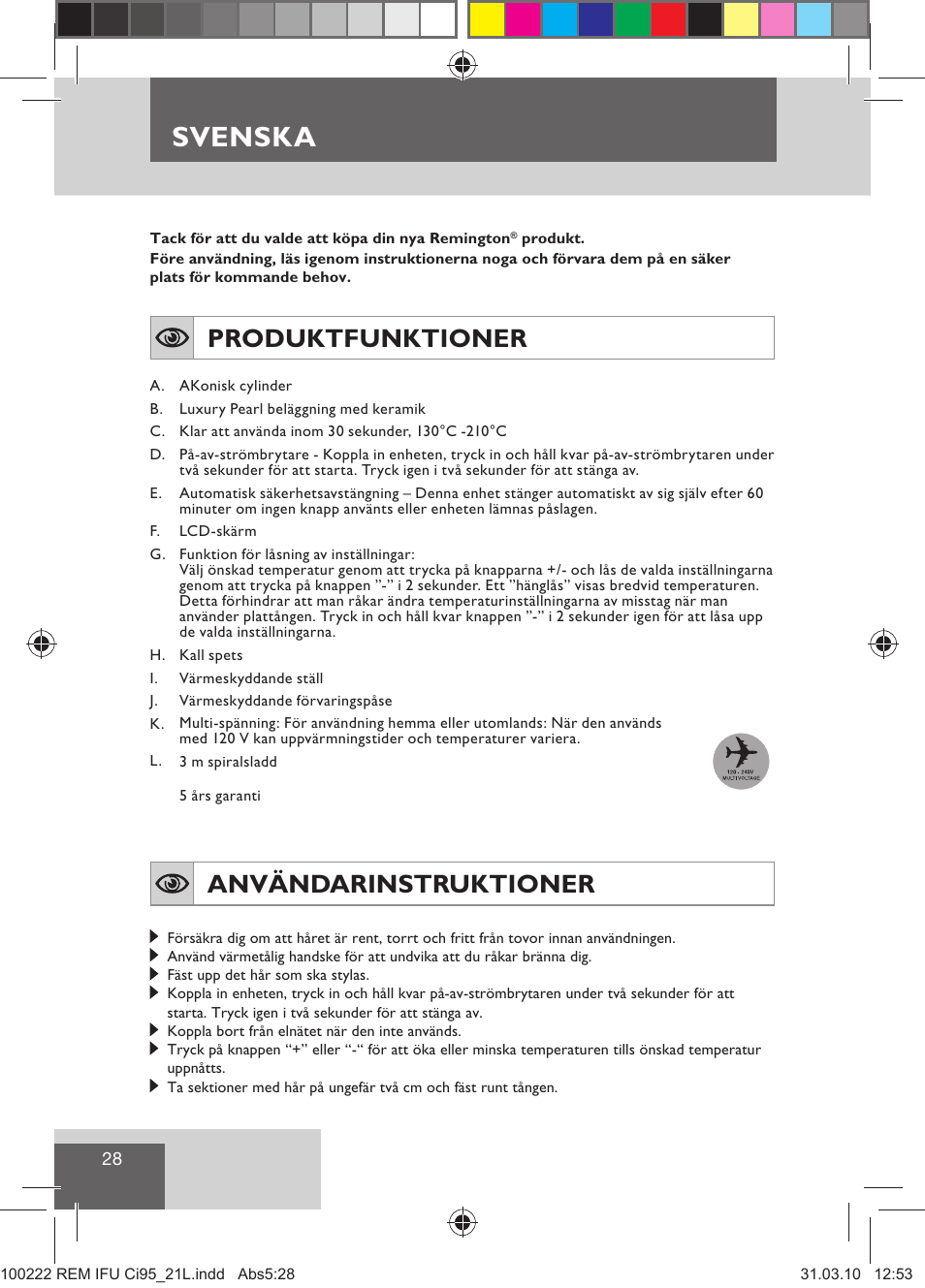 Svenska, Produktfunktioner, Användarinstruktioner | Remington Ci95 User Manual | Page 30 / 83