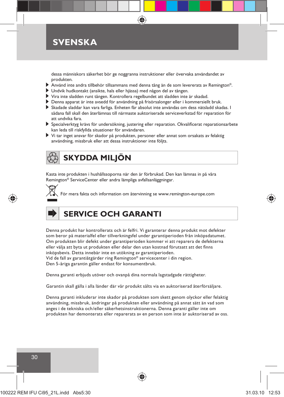 Svenska, Skydda miljön, Service och garanti | Remington Ci95 User Manual | Page 32 / 83