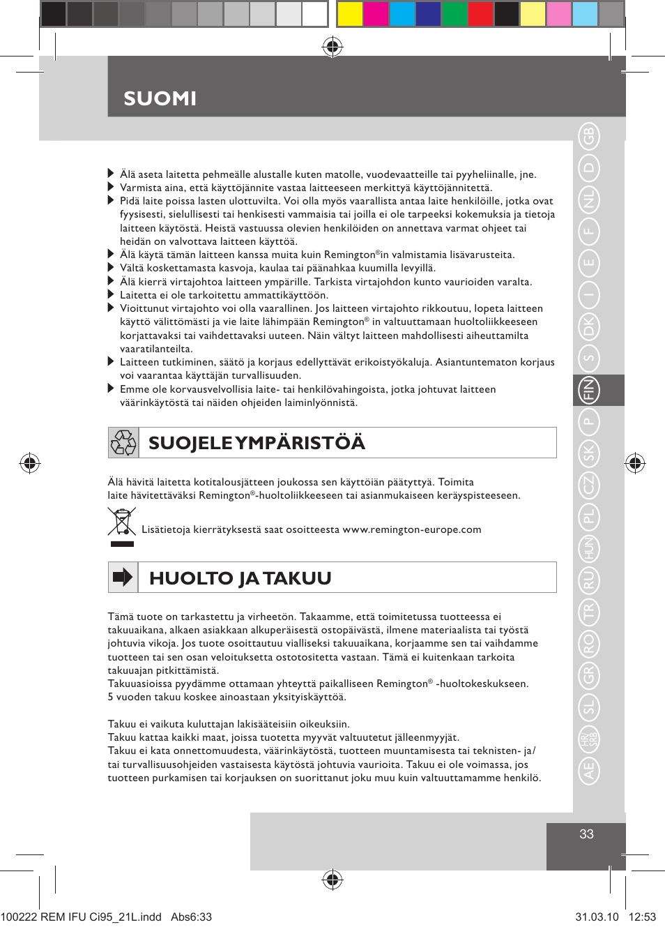 Suomi, Suojele ympäristöä, Huolto ja takuu | Remington Ci95 User Manual | Page 35 / 83