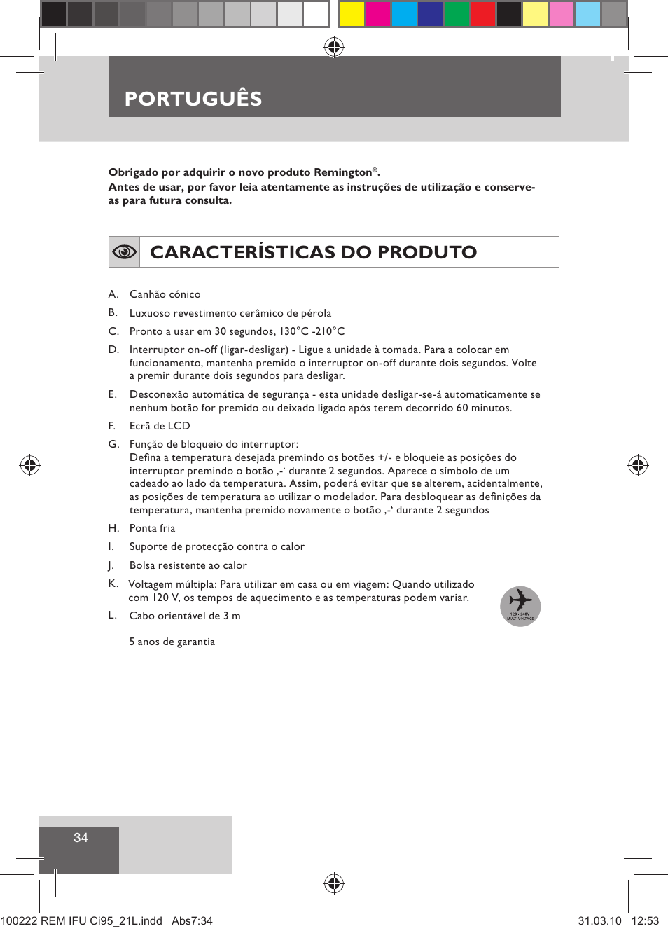 Português, Características do produto | Remington Ci95 User Manual | Page 36 / 83