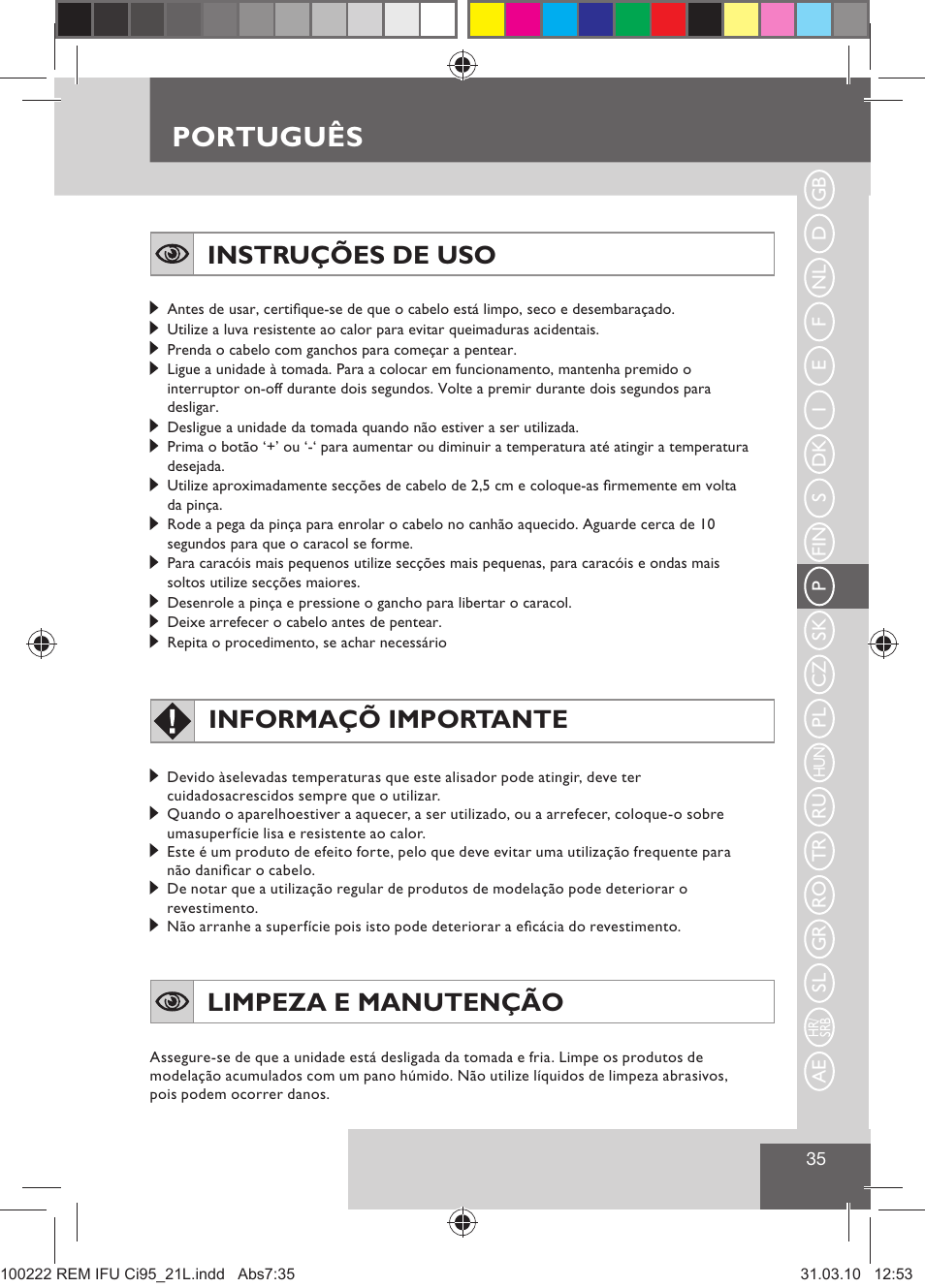 Português, Instruções de uso, Informaçõ importante | Limpeza e manutenção | Remington Ci95 User Manual | Page 37 / 83