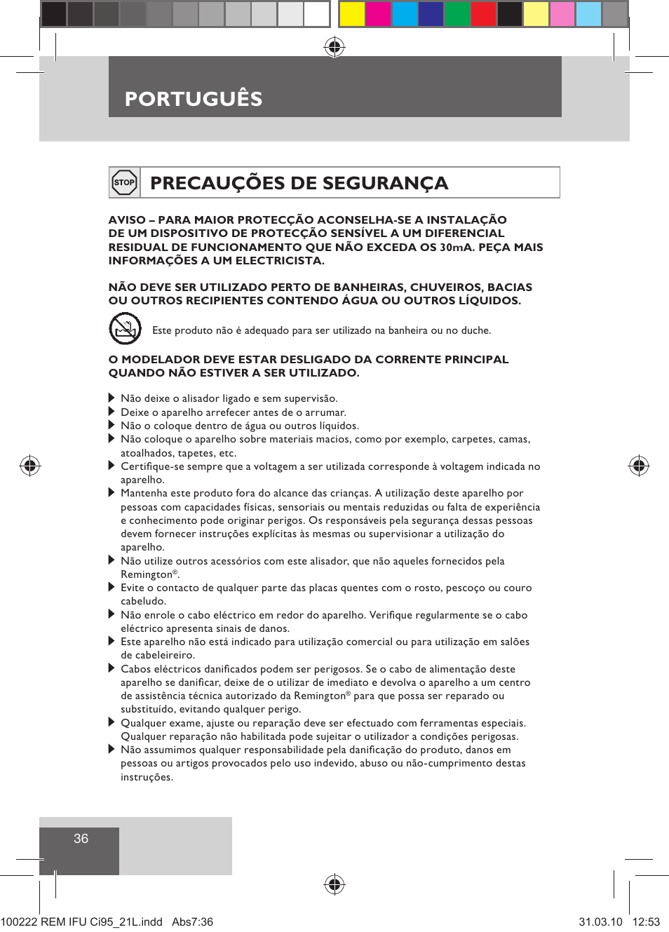 Português, Precauções de segurança | Remington Ci95 User Manual | Page 38 / 83