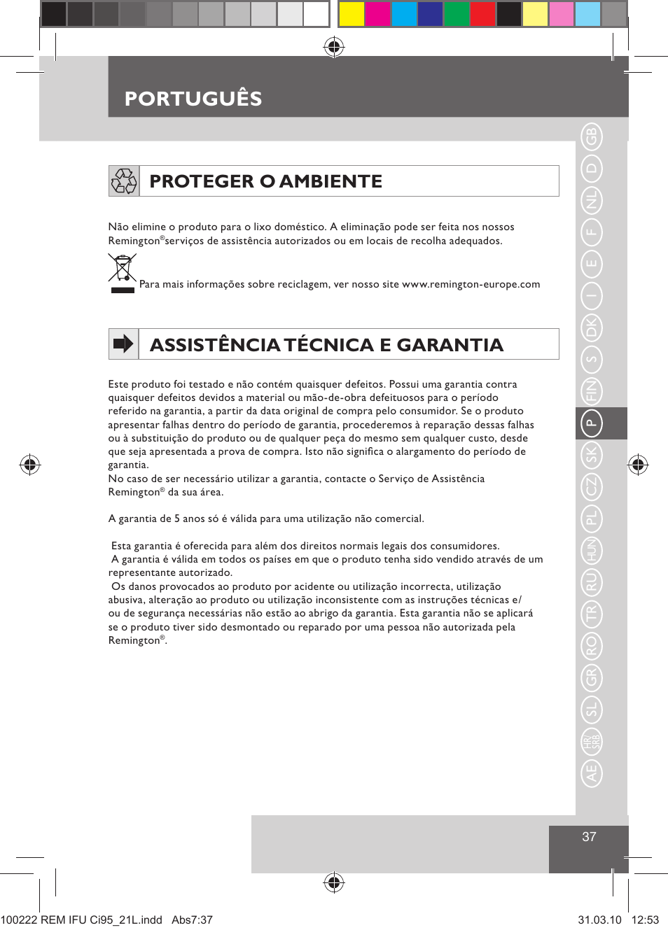 Português, Proteger o ambiente, Assistência técnica e garantia | Remington Ci95 User Manual | Page 39 / 83
