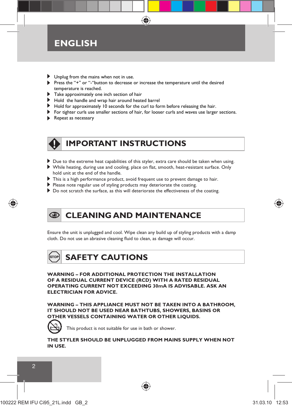 English, Important instructions, Cleaning and maintenance | Safety cautions | Remington Ci95 User Manual | Page 4 / 83