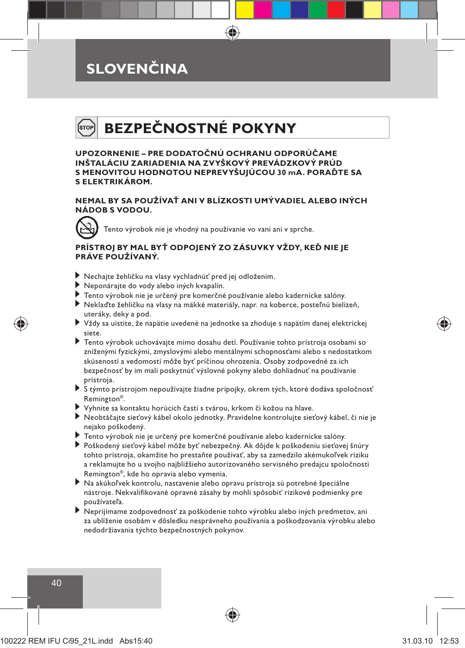 Sloven ina, Slovenčina bezpečnostné pokyny | Remington Ci95 User Manual | Page 42 / 83