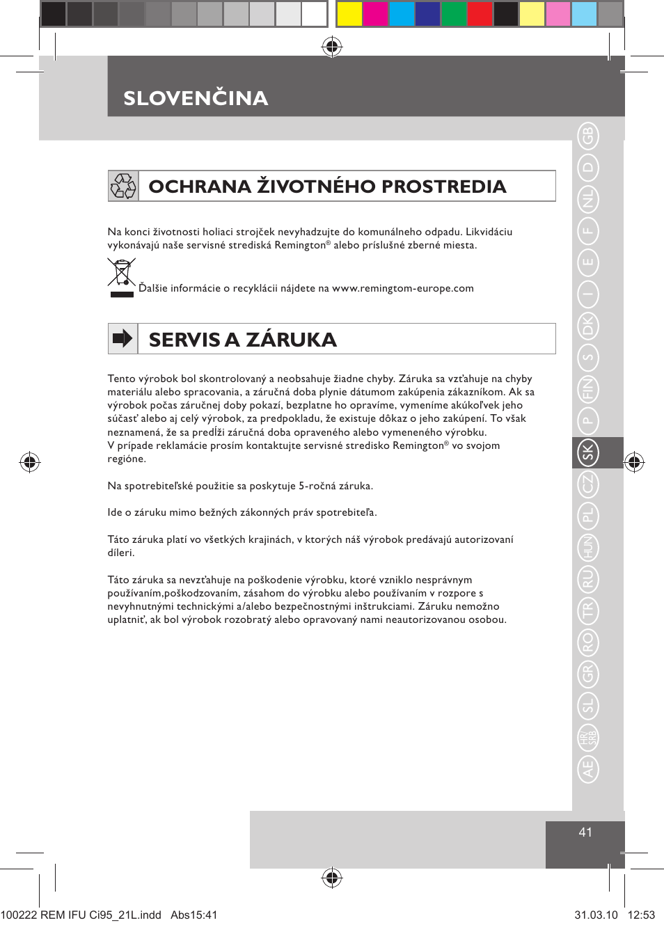 Sloven ina, Slovenčina, Servis a záruka | Ochrana životného prostredia | Remington Ci95 User Manual | Page 43 / 83
