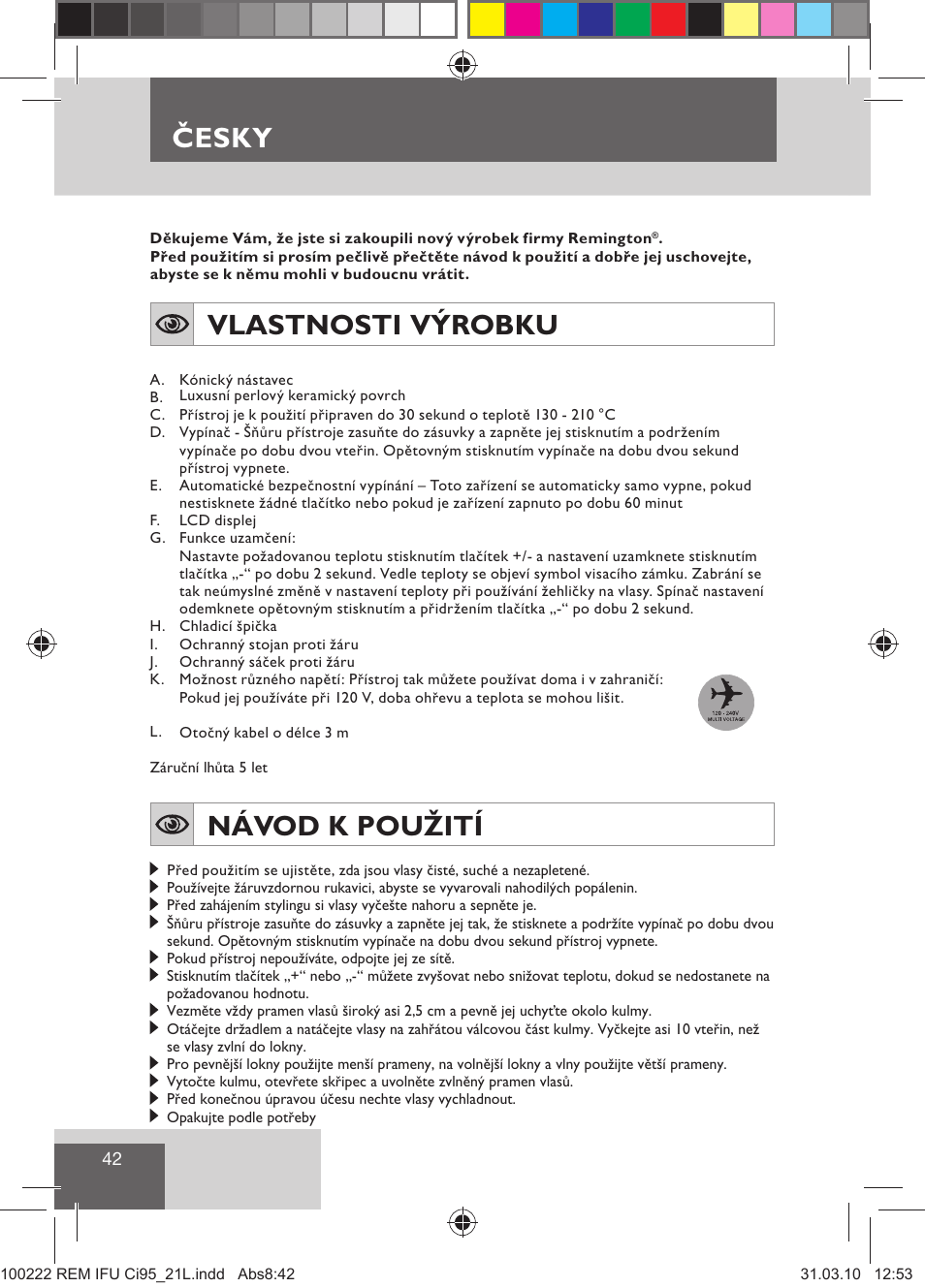 Česky, Vlastnosti výrobku, Návod k použití | Remington Ci95 User Manual | Page 44 / 83