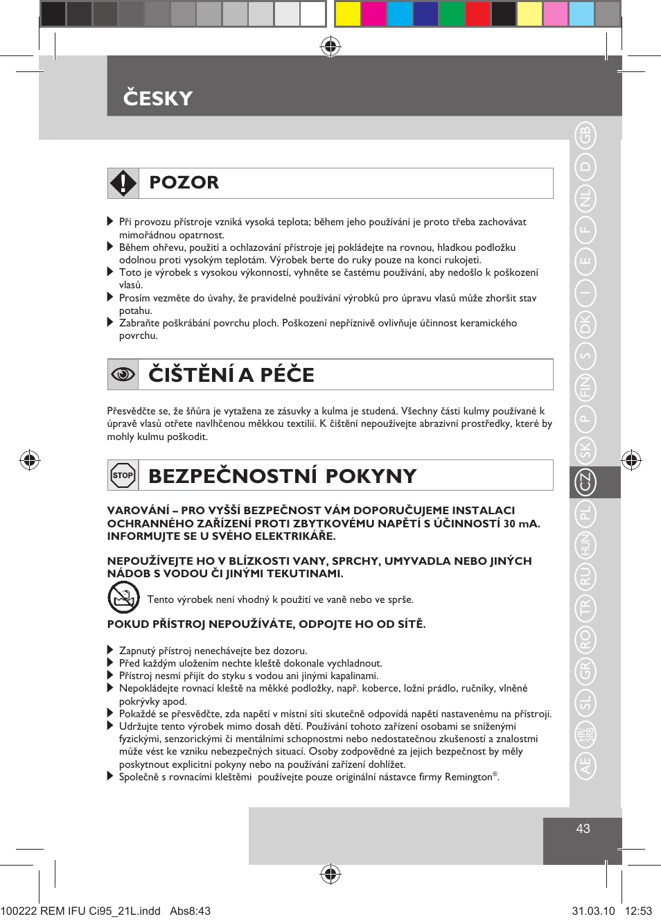 Čištění a péče, Bezpečnostní pokyny, Česky | Pozor | Remington Ci95 User Manual | Page 45 / 83