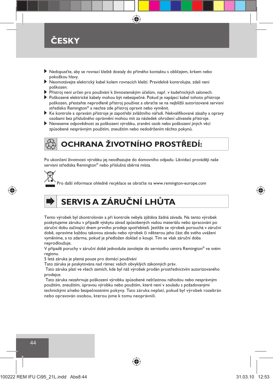 Servis a záruční lhůta, Česky, Ochrana životního prostředí | Remington Ci95 User Manual | Page 46 / 83