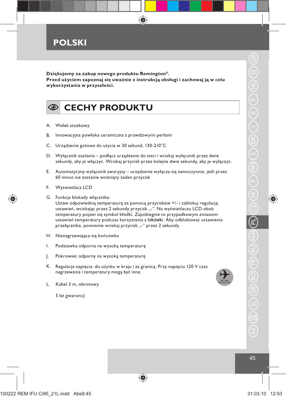 Polski, Cechy produktu | Remington Ci95 User Manual | Page 47 / 83