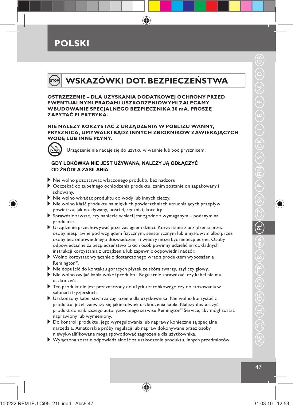 Polski, Wskazówki dot. bezpieczeństwa | Remington Ci95 User Manual | Page 49 / 83