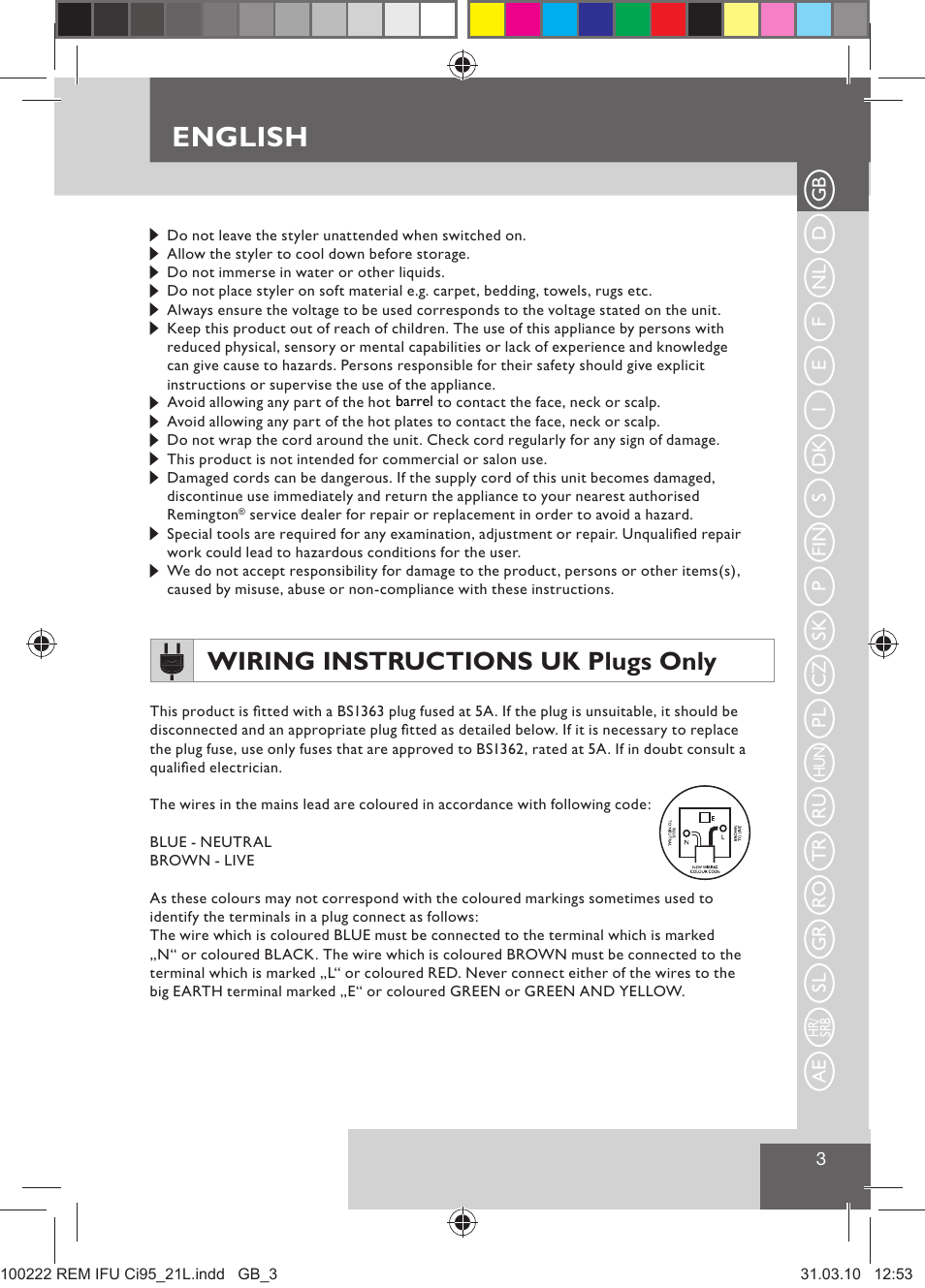 English, Wiring instructions uk plugs only | Remington Ci95 User Manual | Page 5 / 83