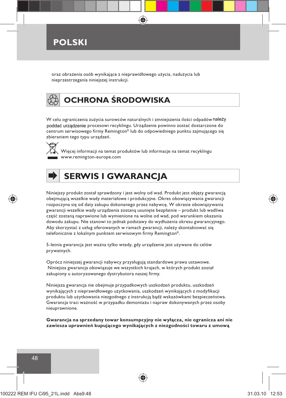 Polski, Serwis i gwarancja, Ochrona środowiska | Remington Ci95 User Manual | Page 50 / 83