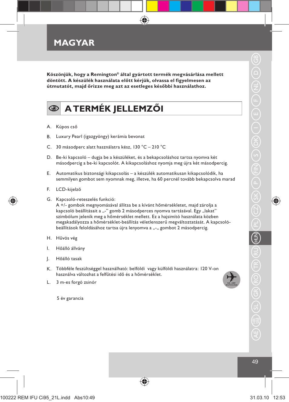 Magyar, A termék jellemzői | Remington Ci95 User Manual | Page 51 / 83