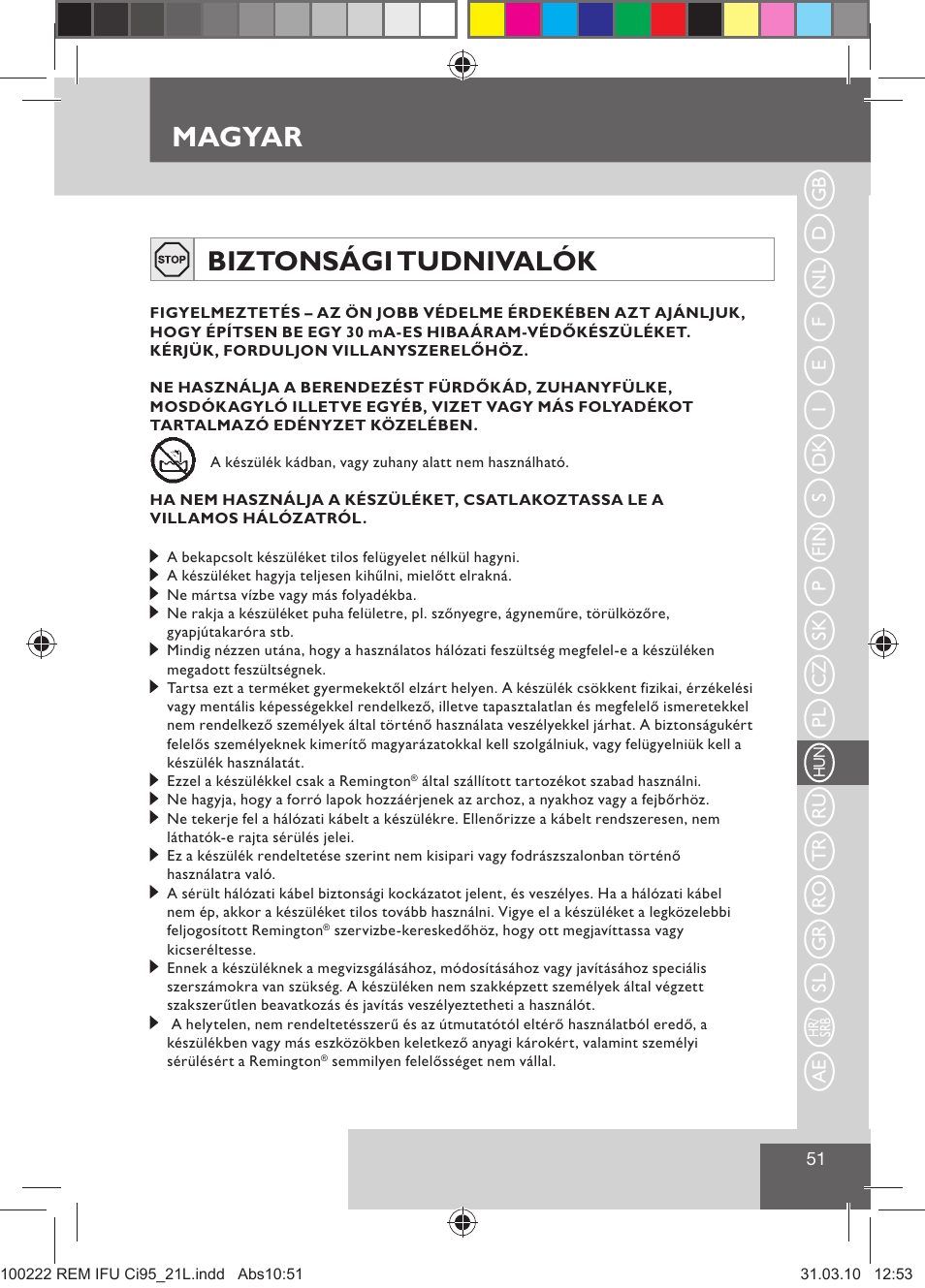 Magyar, Biztonsági tudnivalók | Remington Ci95 User Manual | Page 53 / 83