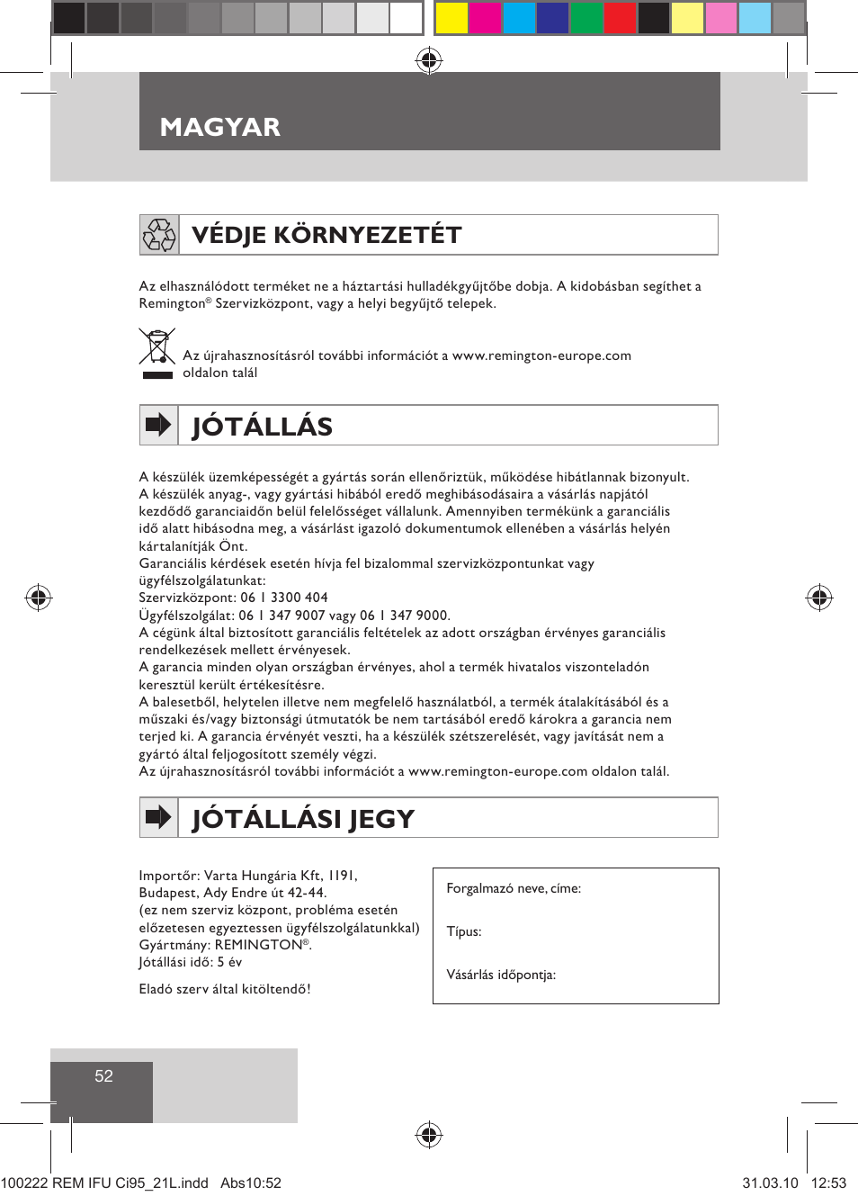 Magyar, Jótállás, Jótállási jegy | Védje környezetét | Remington Ci95 User Manual | Page 54 / 83