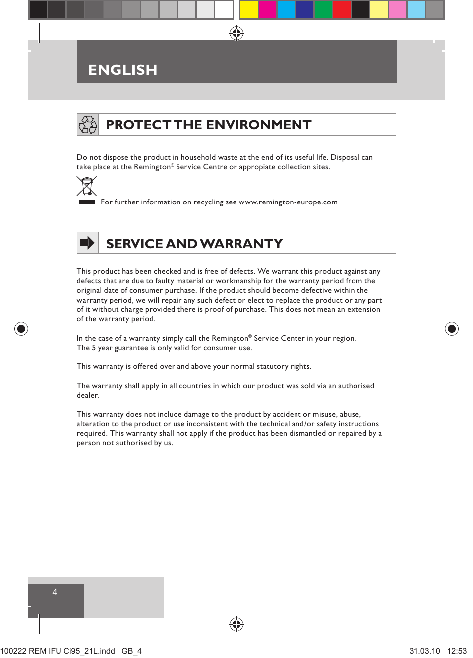 English, Protect the environment, Service and warranty | Remington Ci95 User Manual | Page 6 / 83