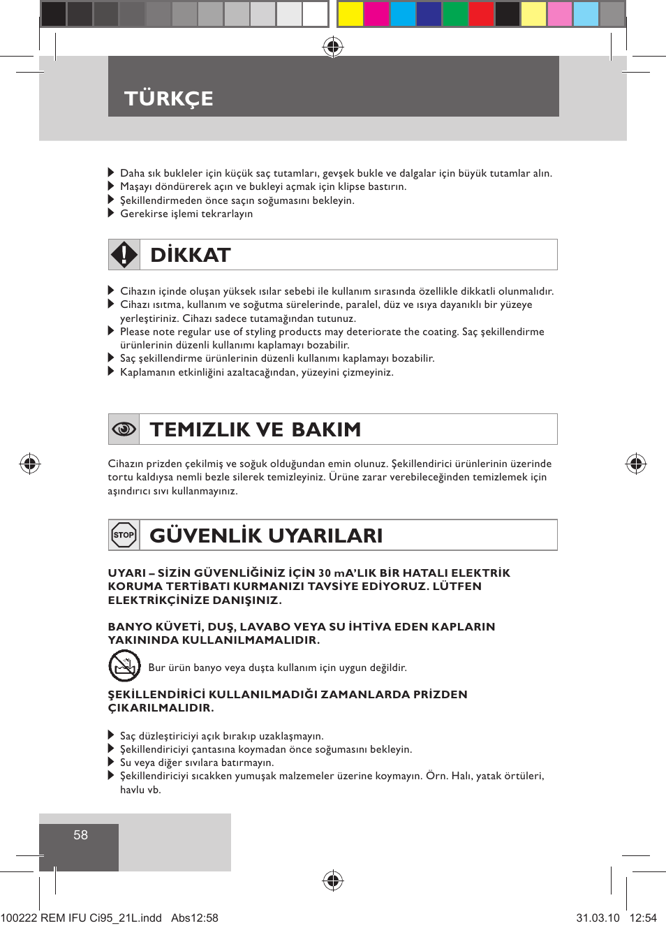 Türkçe, Dikkat, Temizlik ve bakim | Güvenlik uyarilari | Remington Ci95 User Manual | Page 60 / 83