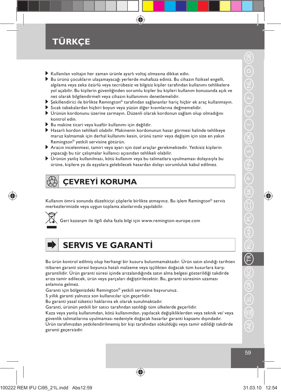Türkçe, Servis ve garanti, Çevreyi koruma | Remington Ci95 User Manual | Page 61 / 83