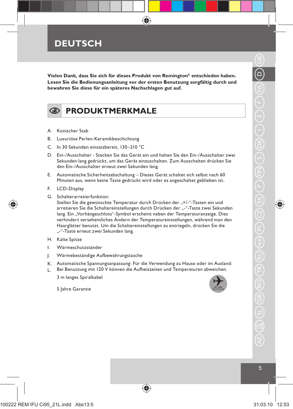 Deutsch, Produktmerkmale | Remington Ci95 User Manual | Page 7 / 83