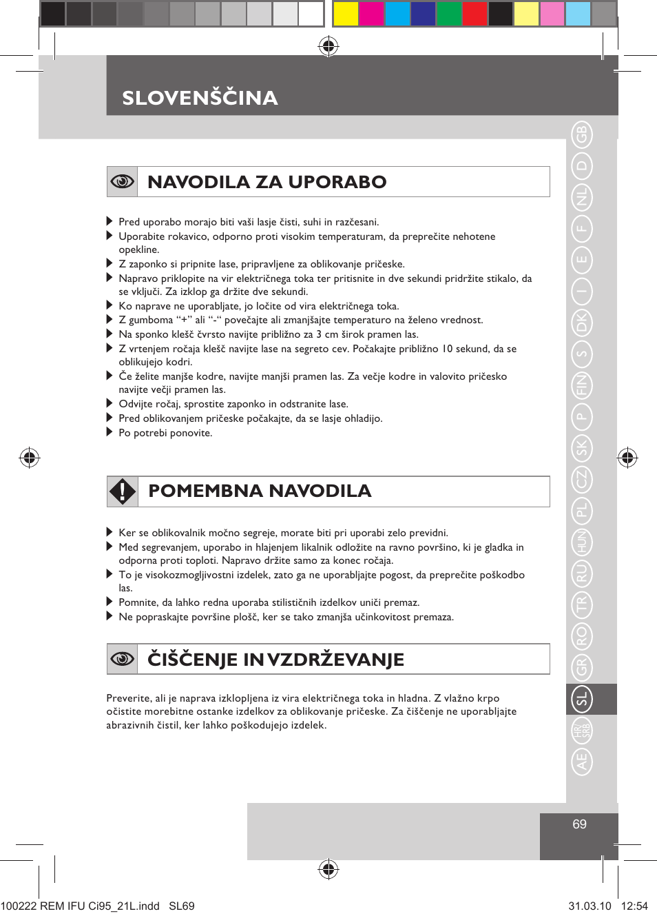 Slovenščina, Navodila za uporabo, Pomembna navodila | Čiščenje in vzdrževanje | Remington Ci95 User Manual | Page 71 / 83