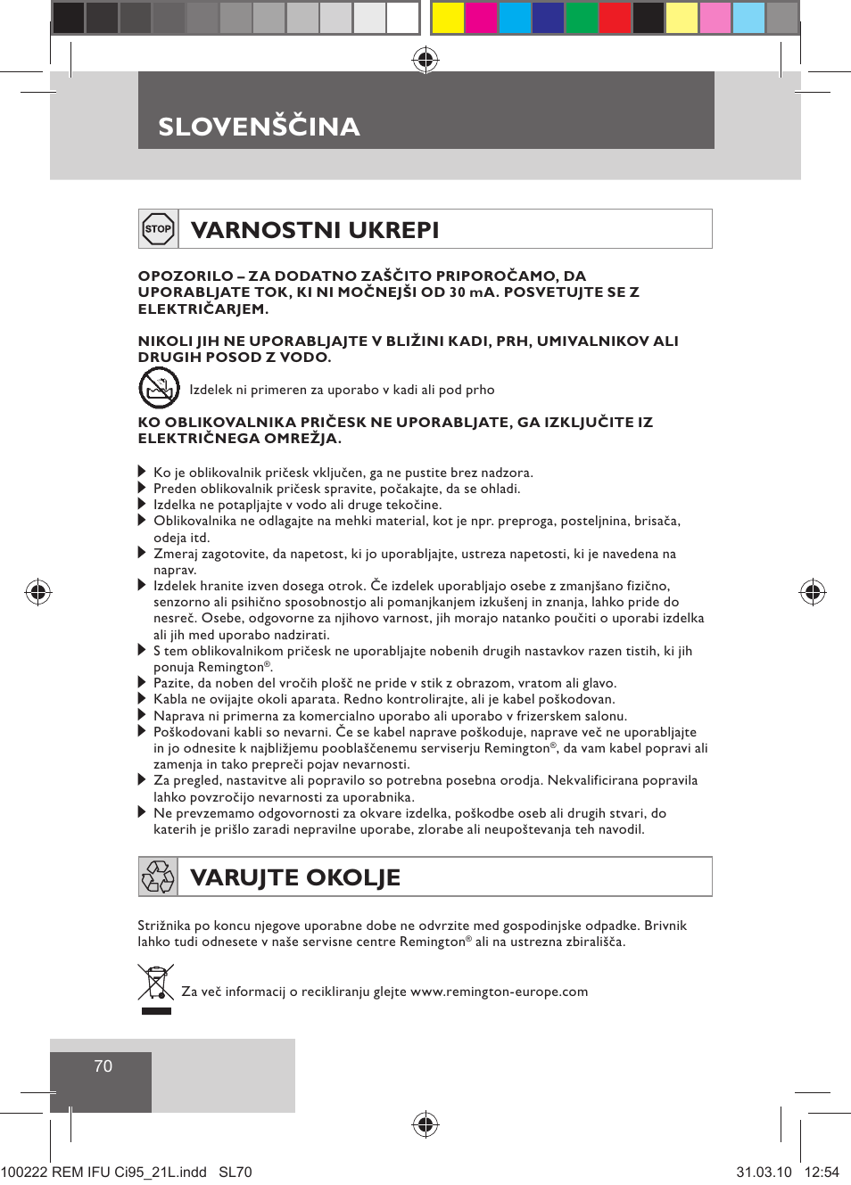 Slovenščina, Varnostni ukrepi, Varujte okolje | Remington Ci95 User Manual | Page 72 / 83