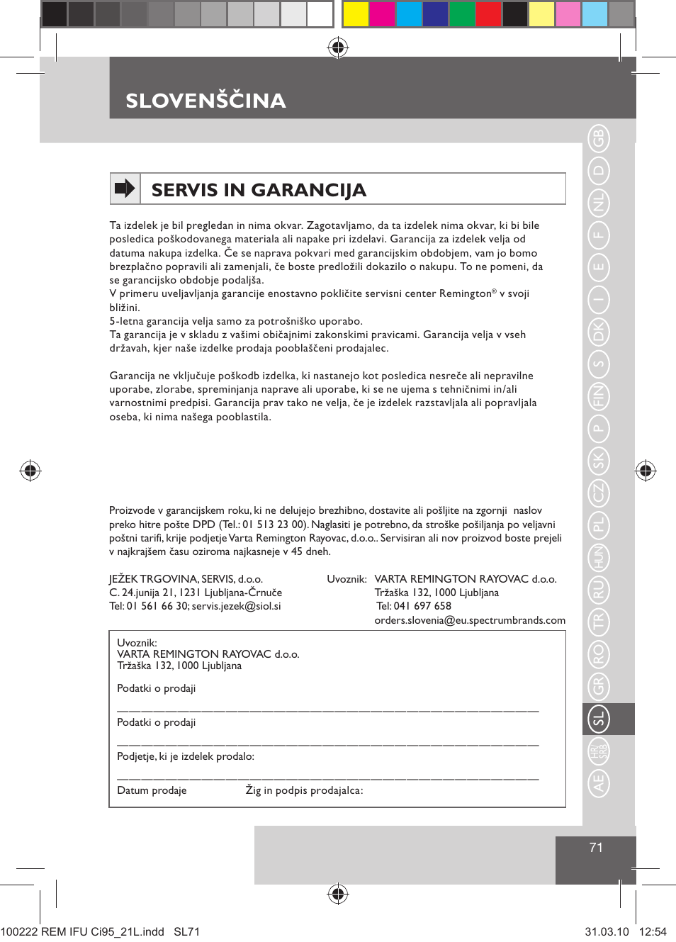 Slovenščina, Servis in garancija | Remington Ci95 User Manual | Page 73 / 83