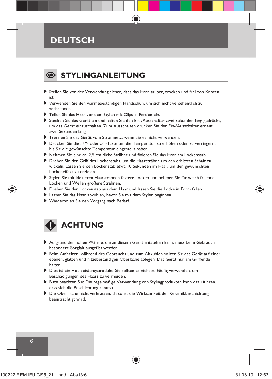 Deutsch, Stylinganleitung, Achtung | Remington Ci95 User Manual | Page 8 / 83